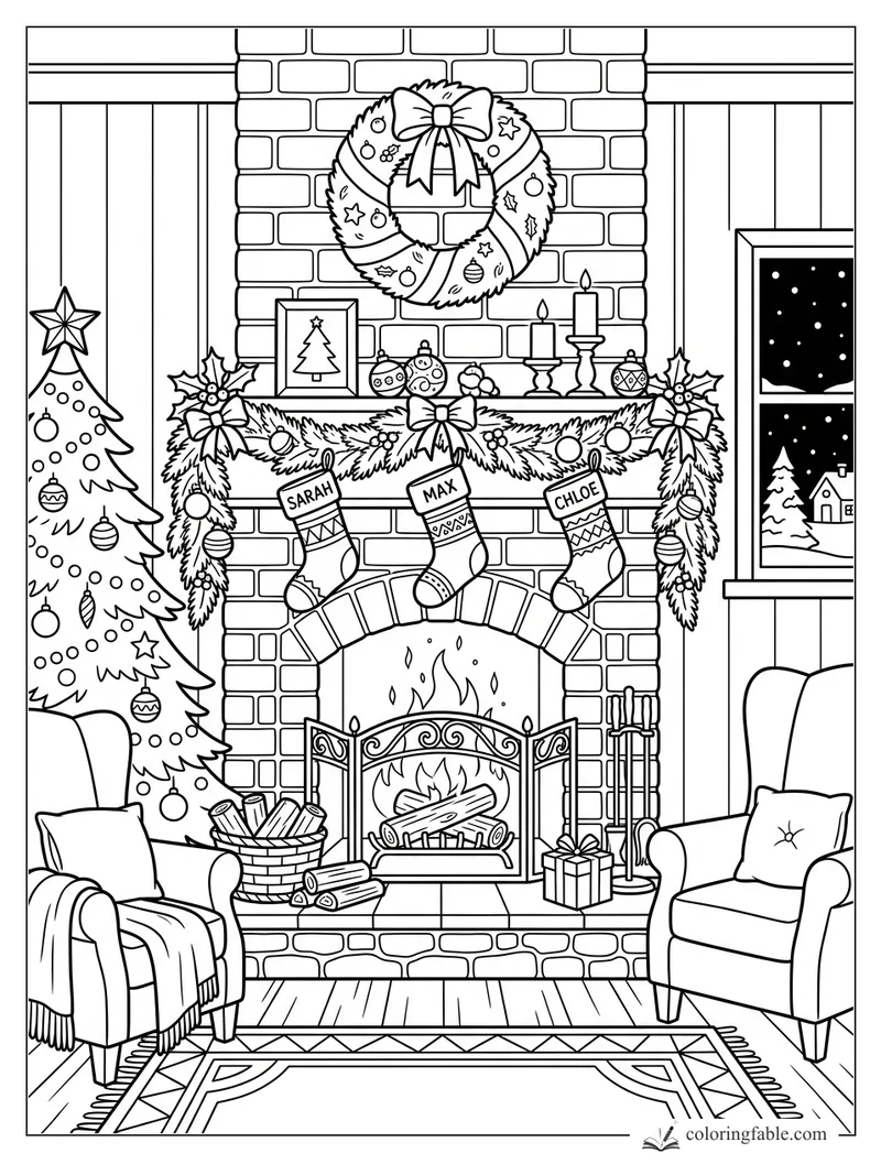Christmas fireplace with wreath, garland, candles, stockings labeled Sarah, Max, and Chloe, tree and snowy window