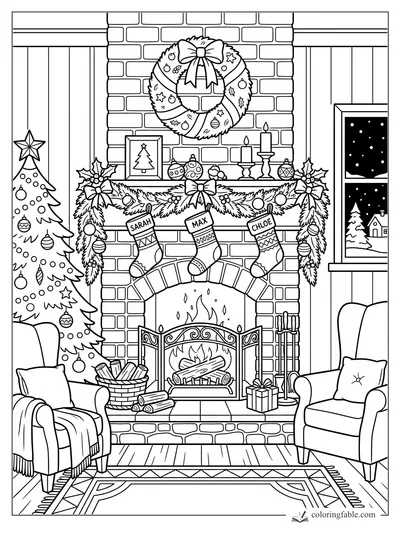 Christmas fireplace with wreath, garland, candles, stockings labeled Sarah, Max, and Chloe, tree and snowy window