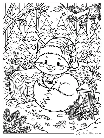 Cute Christmas fox in a Santa hat beside a snowy log, lantern, pinecones, holly, and fir trees