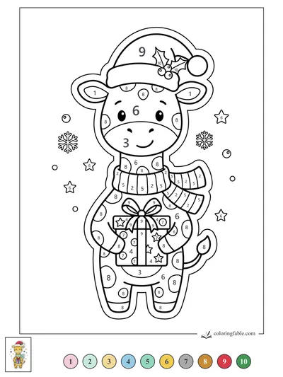 Christmas Giraffe Holding a Starry Gift — color by number