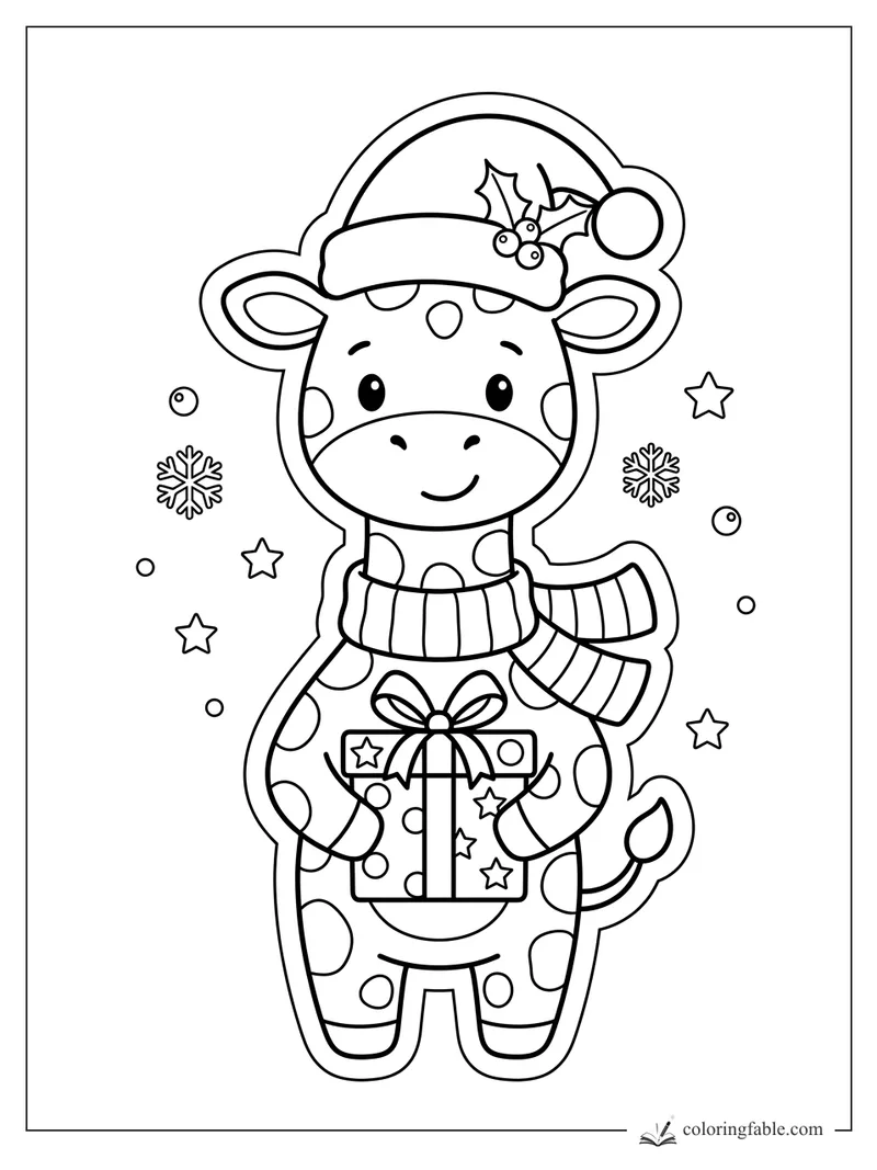 Cute Christmas giraffe in a Santa hat and scarf holding a wrapped present with stars and snowflakes.