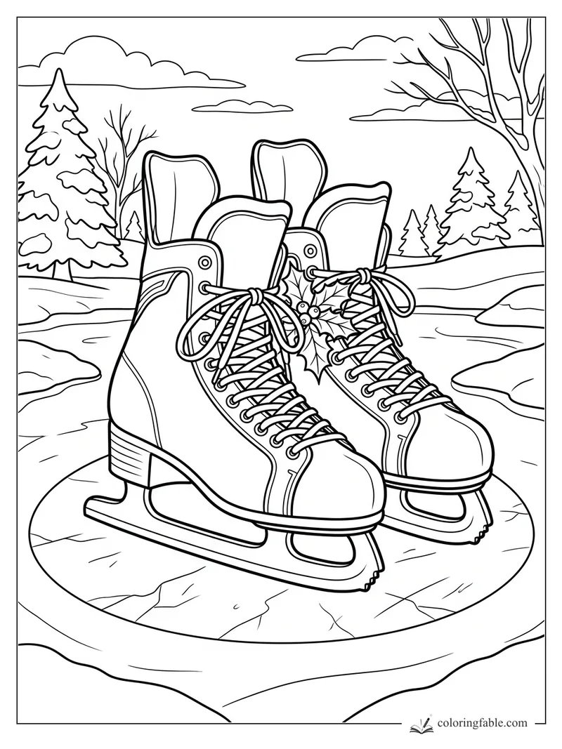 Laced ice skates with holly on a frozen pond, snowy evergreens, bare trees, and winter clouds.