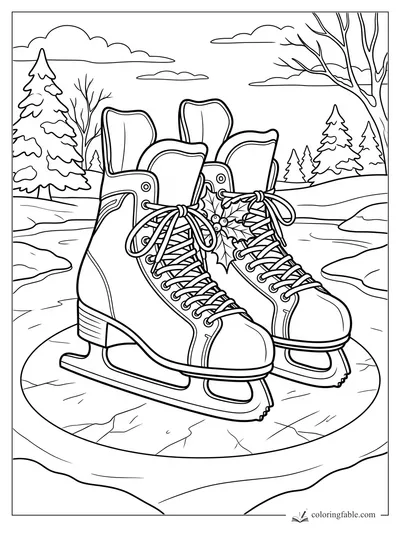 Laced ice skates with holly on a frozen pond, snowy evergreens, bare trees, and winter clouds.