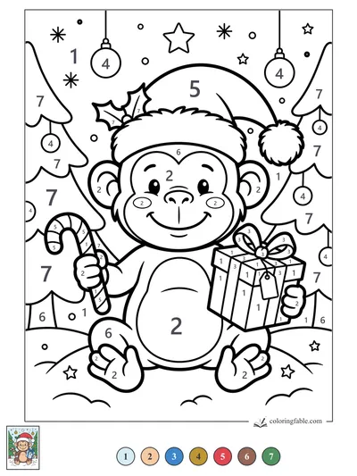 Christmas Monkey With Candy Cane and Gift — color by number