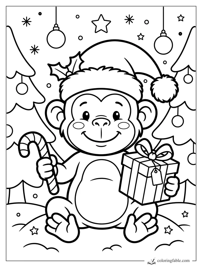 Smiling cartoon monkey in a Santa hat holding a candy cane and wrapped gift between ornament trees.