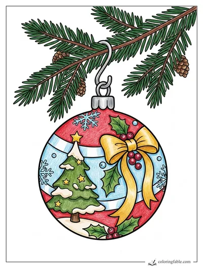 Adorno navideño colgado de pinos, ejemplo coloreado