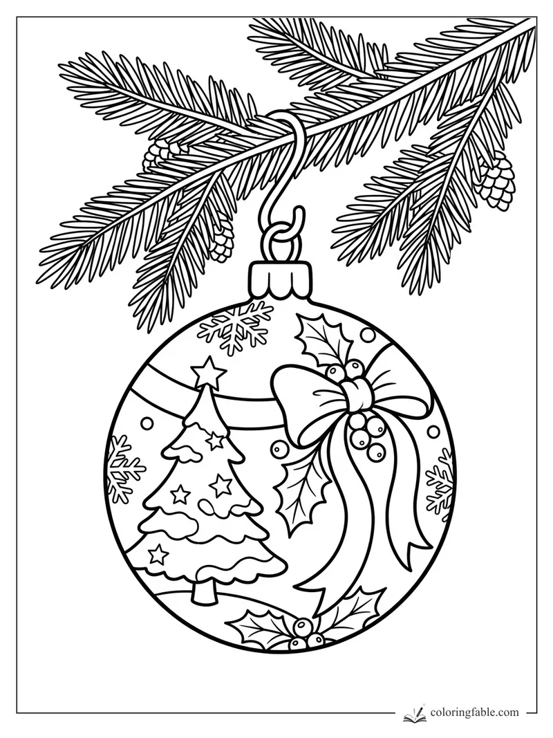 Easy Christmas ornament coloring page with pine branches, bow, holly, snowflakes, and tree design