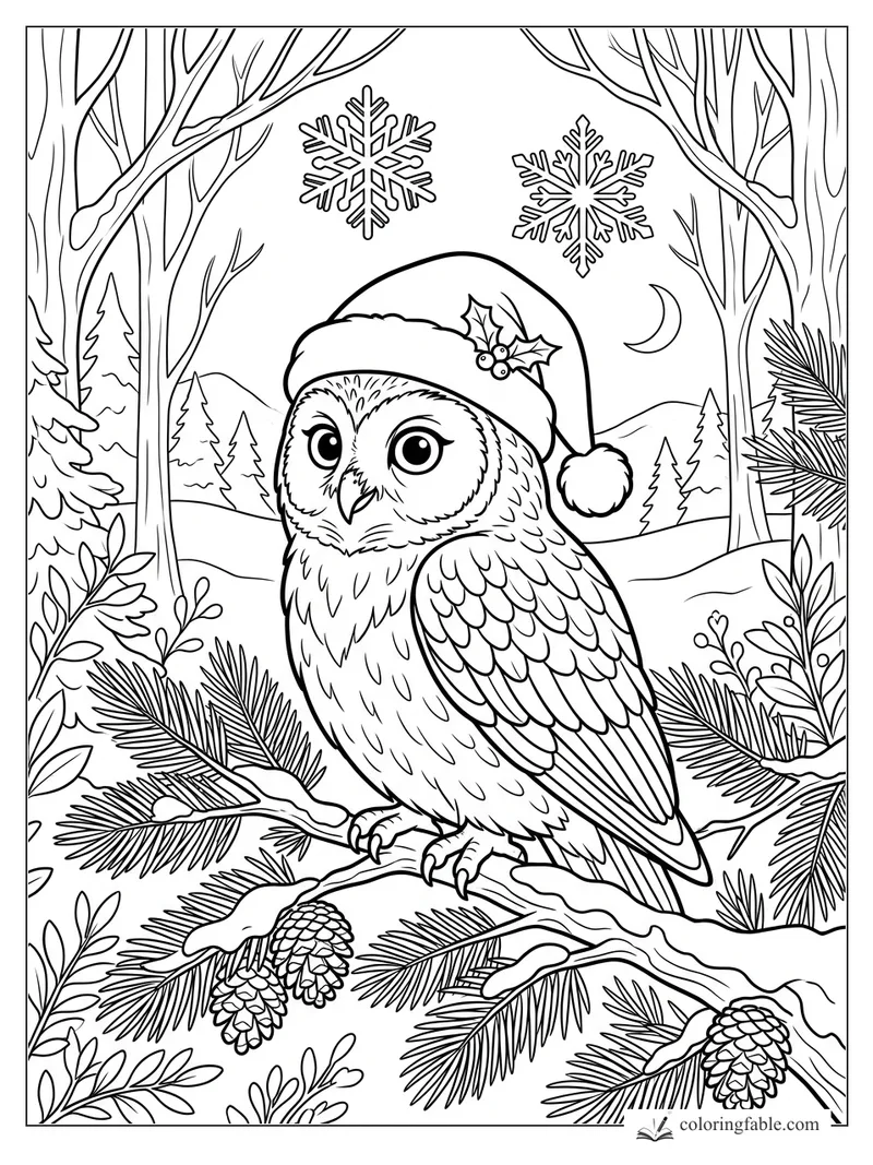Christmas owl in Santa hat on snowy pine branch with holly, snowflakes, moon, and winter forest
