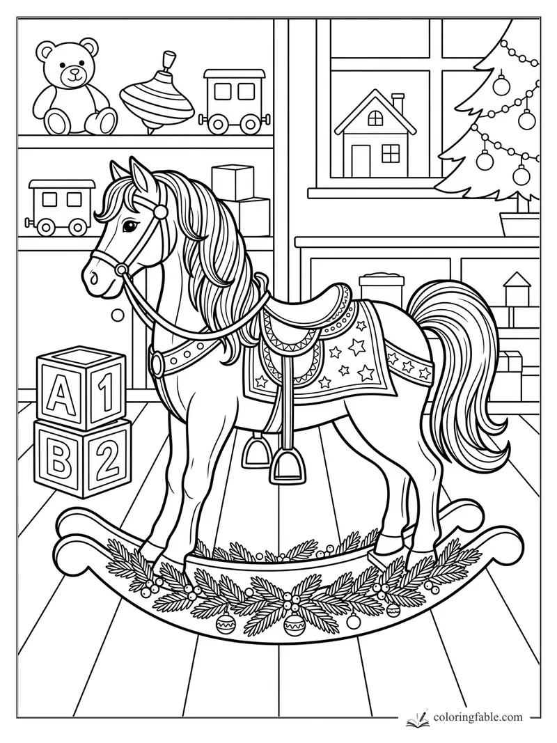 Christmas rocking horse with star saddle, garland rocker, toy shelves, blocks, tree, and snowy window