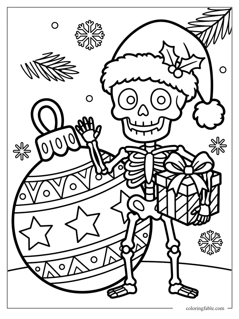 Easy coloring page of a smiling skeleton in a Santa hat holding a gift beside a giant ornament.