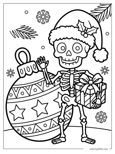 Easy coloring page of a smiling skeleton in a Santa hat holding a gift beside a giant ornament.