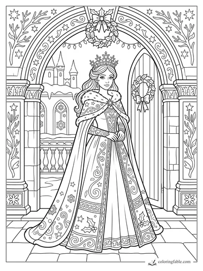 Christmas snow queen in a fur-trimmed cloak under a decorated castle arch with wreaths, stars, and open door