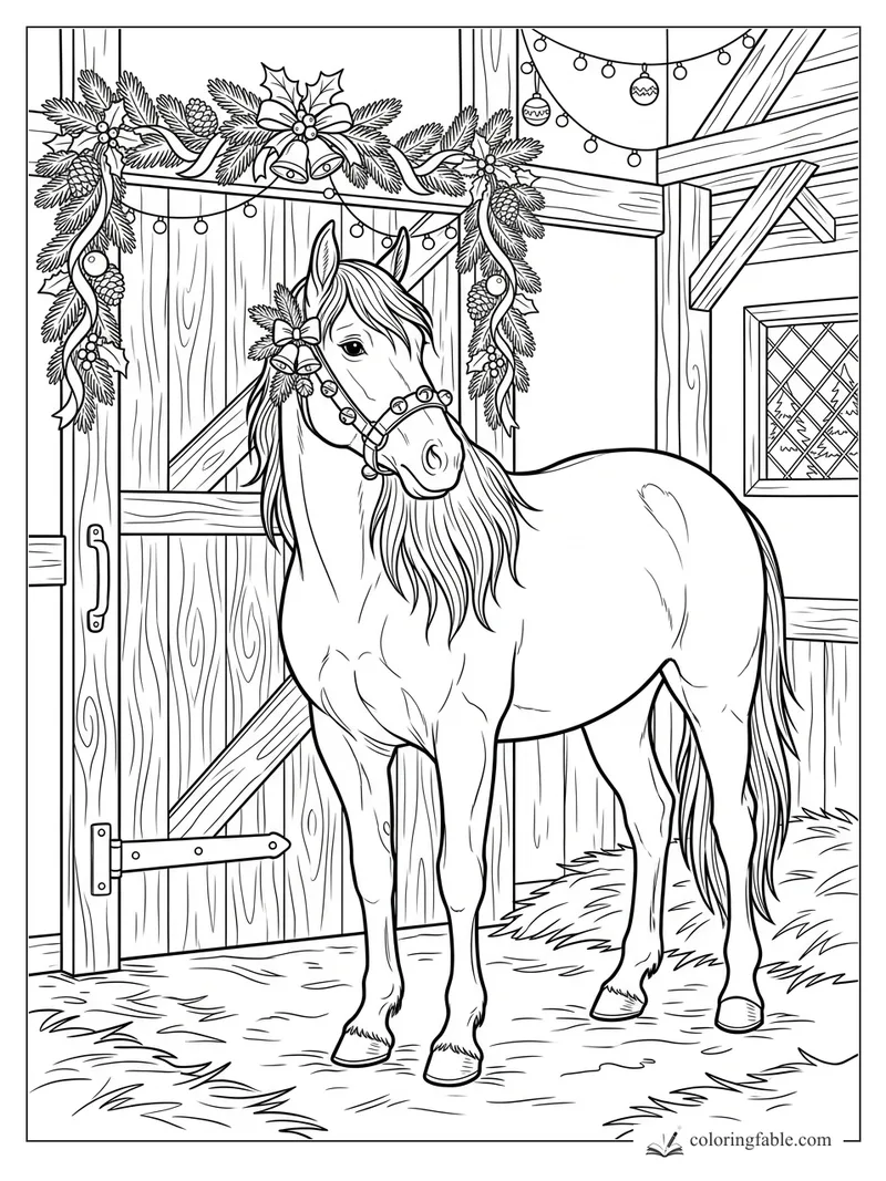 Realistic horse in a Christmas stable with evergreen garlands, bells, string lights, and snowy window