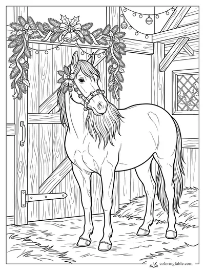 Realistic horse in a Christmas stable with evergreen garlands, bells, string lights, and snowy window