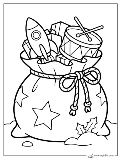 Christmas toy sack with a rocket, drum, gifts, bow, stars, holly, and snow.