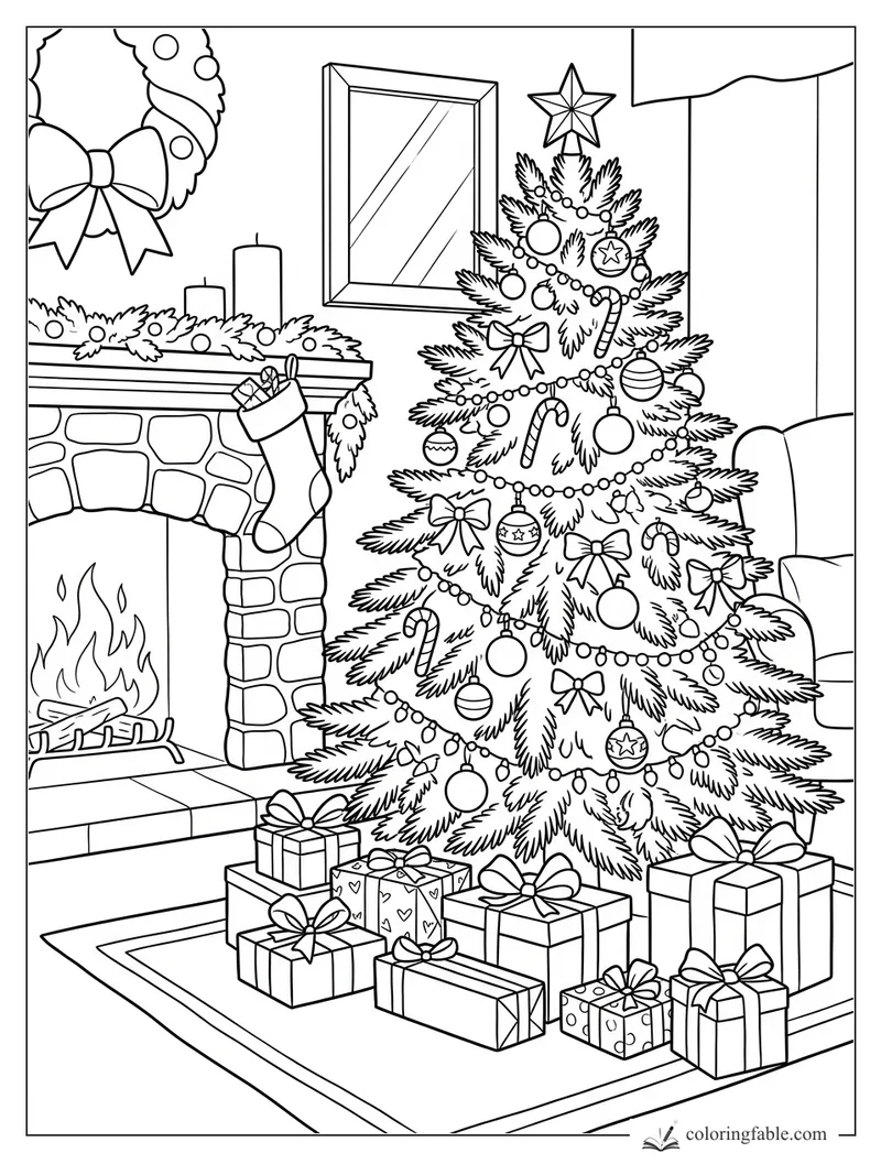 Realistic Christmas tree with star, ornaments, gifts, fireplace, stockings, candles, wreath, and armchair.