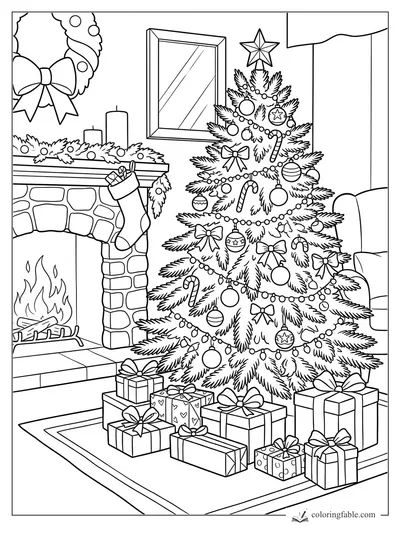 Realistic Christmas tree with star, ornaments, gifts, fireplace, stockings, candles, wreath, and armchair.