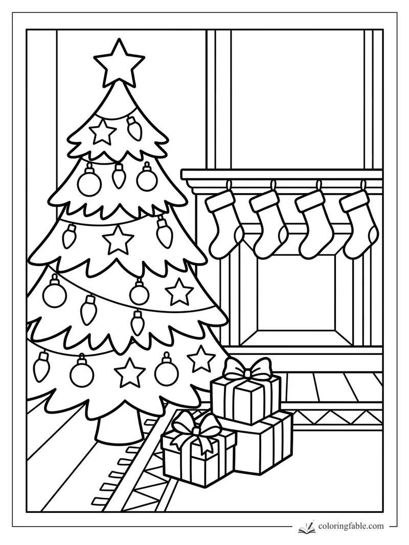 Cartoon Christmas tree with star ornaments, wrapped gifts, fireplace mantel, and four hanging stockings.
