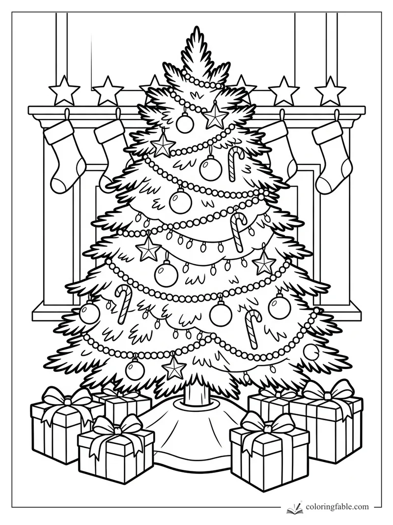 Decorated Christmas tree with bead garlands, candy canes, gifts, stockings, and stars on a mantel