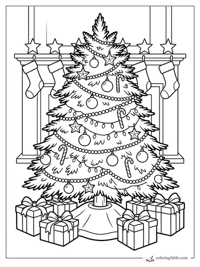 Decorated Christmas tree with bead garlands, candy canes, gifts, stockings, and stars on a mantel