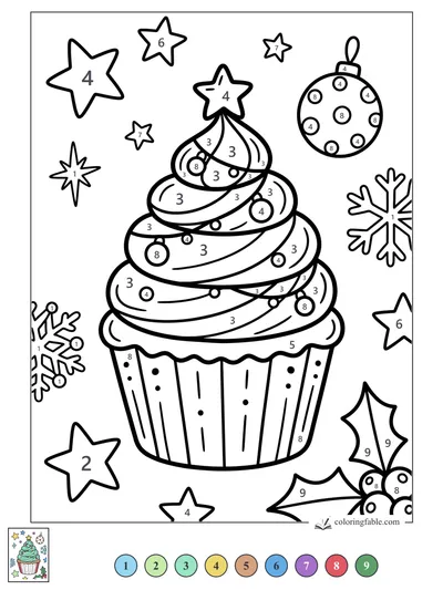 Christmas Tree Cupcake with Stars and Holly — color by number