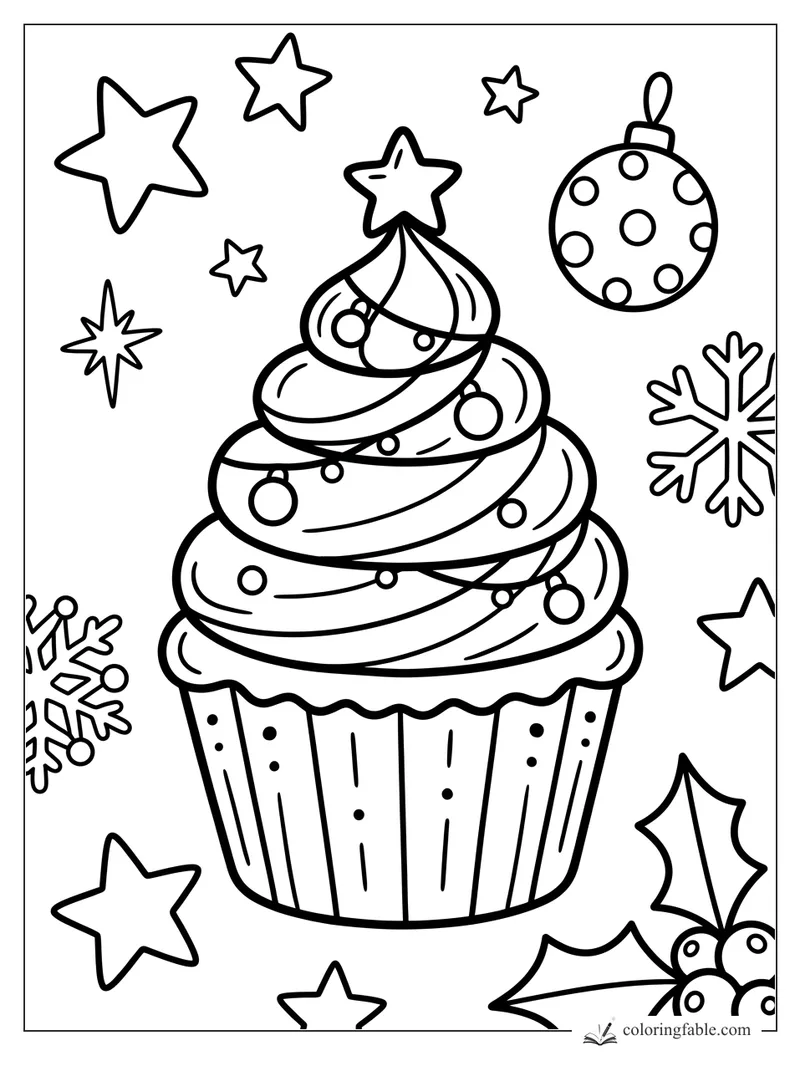 Christmas tree cupcake sticker with swirl frosting, ornaments, stars, snowflakes, holly, and round bauble