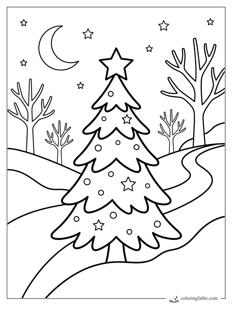 Minimalist Christmas tree with star topper, ornaments, crescent moon, bare trees, and winding snowy path.