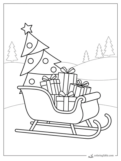 Christmas tree with star in a sleigh full of presents on snowy hills