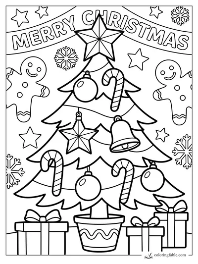 Easy Christmas tree coloring page with star, ornaments, candy canes, gifts, banner, and gingerbread cookies.