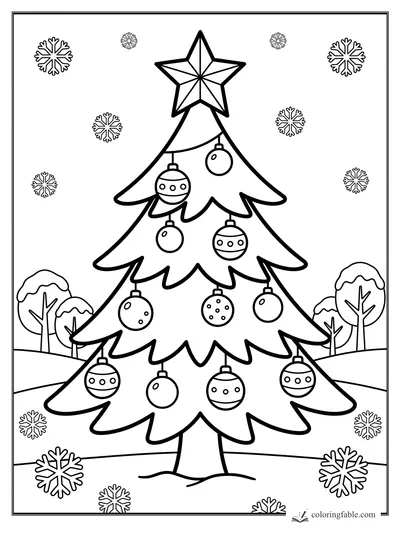 Easy Christmas tree coloring page with star topper, round ornaments, snowy hills, and snowflakes