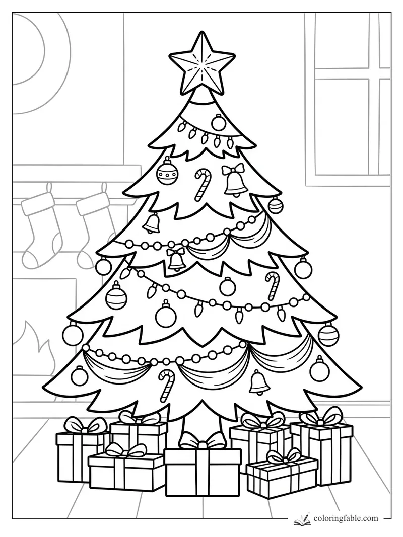 Christmas tree coloring page with star topper, ornaments, garlands, stockings, fireplace, window, and gifts.