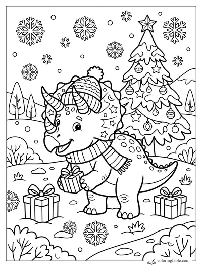 Cartoon triceratops in a winter hat and scarf carrying a gift beside a decorated Christmas tree