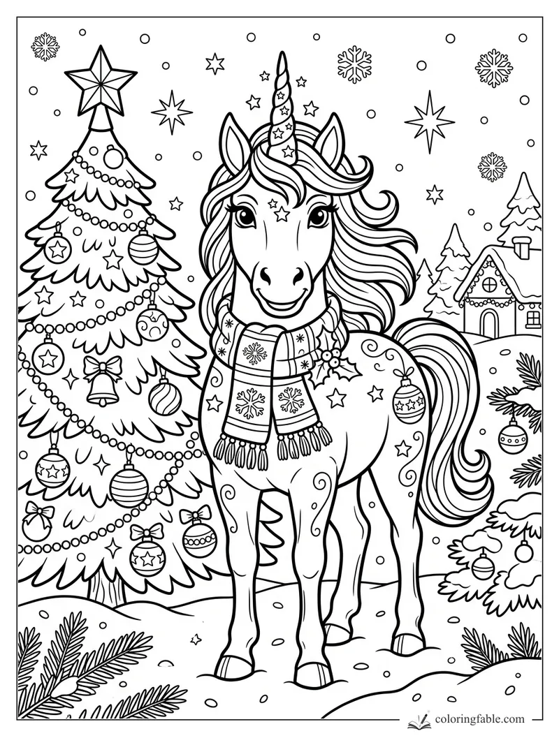 Smiling unicorn in a scarf beside a decorated Christmas tree, snowy cottage, stars, and snowflakes