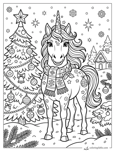 Smiling unicorn in a scarf beside a decorated Christmas tree, snowy cottage, stars, and snowflakes
