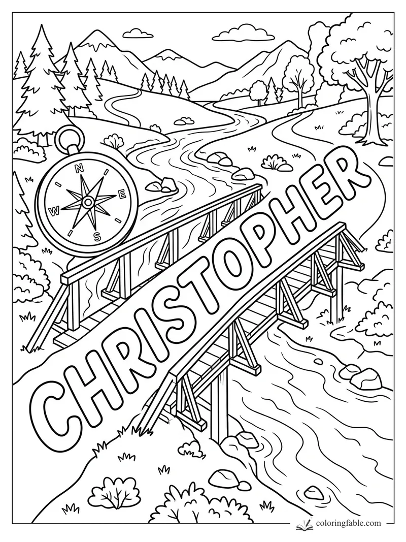 Christopher name on a wooden bridge over a winding river with compass, pines, mountains, and clouds