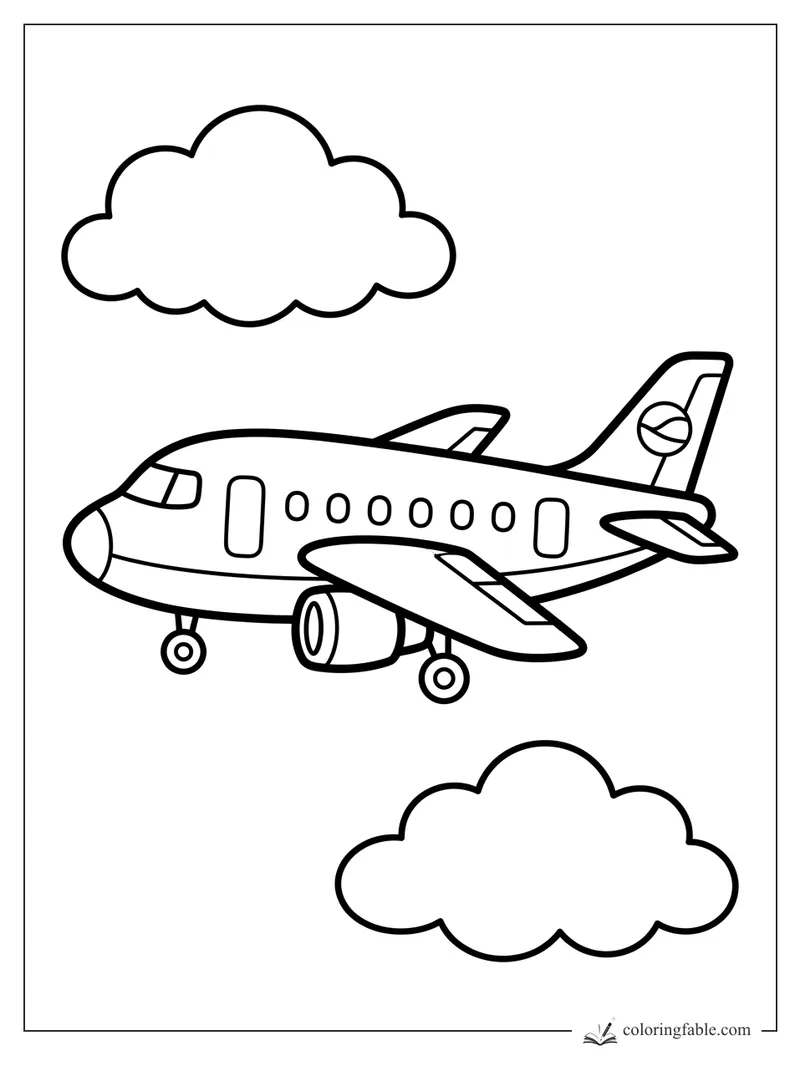 Bold easy airplane coloring page with landing wheels, round windows, tail logo, and two clouds.