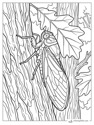 Realistic cicada on grooved tree bark with oak leaves and forest branches