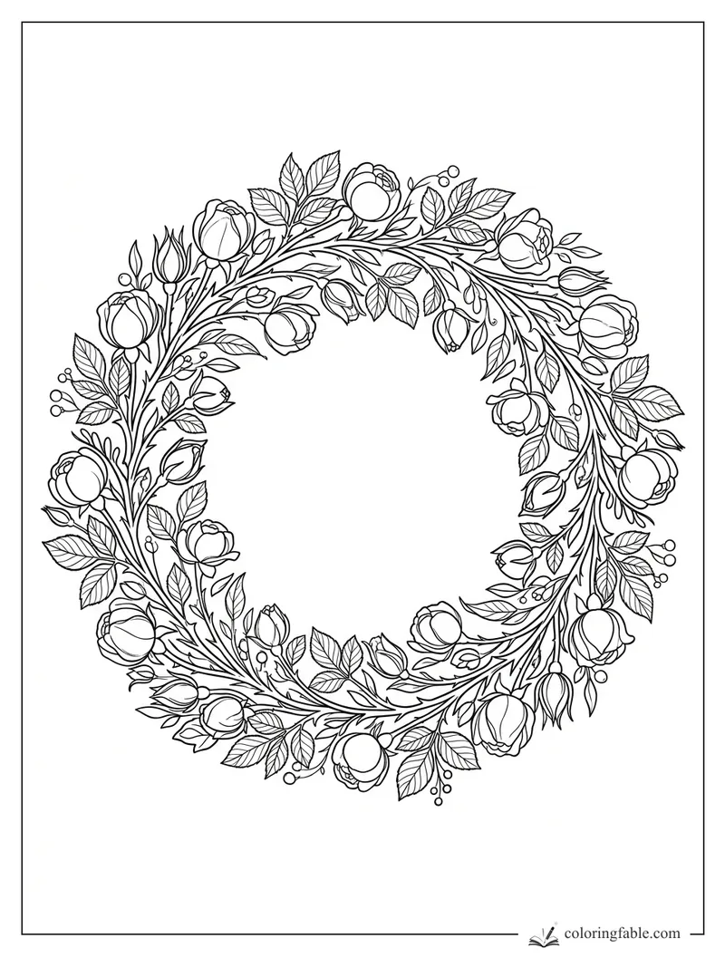 Rose wreath coloring page with open blooms, closed buds, leafy stems, and small berry sprigs in a circle