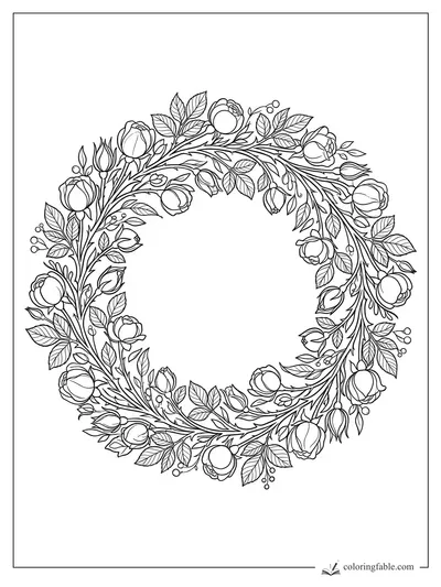 Rose wreath coloring page with open blooms, closed buds, leafy stems, and small berry sprigs in a circle