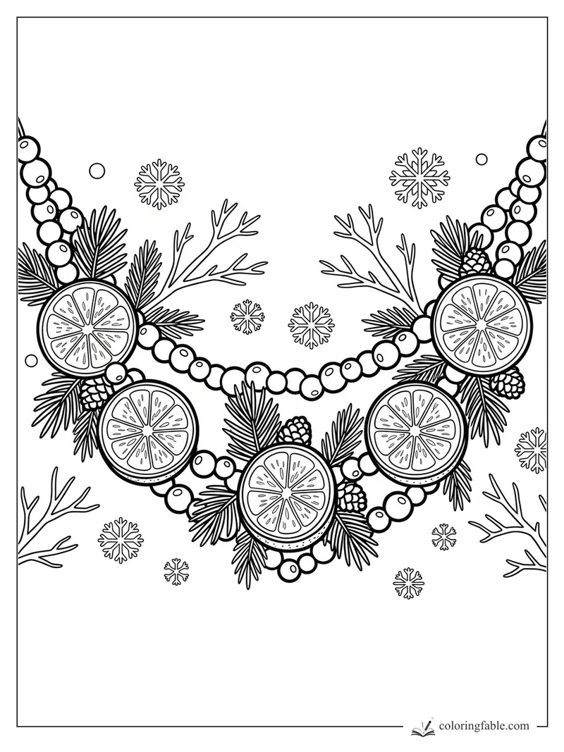Winter fruit garland with citrus slices, cranberries, pine sprigs, cones, bare twigs, and snowflakes.