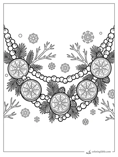 Winter fruit garland with citrus slices, cranberries, pine sprigs, cones, bare twigs, and snowflakes.