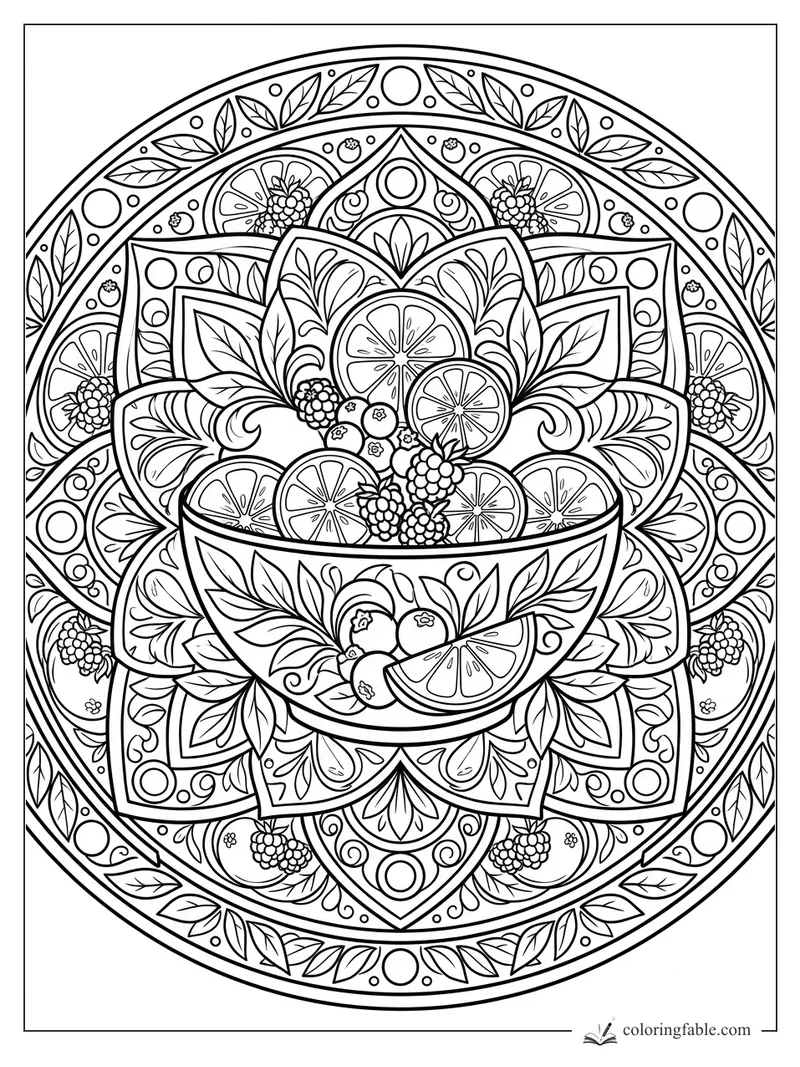 Intricate fruit bowl mandala with citrus slices, berries, leaves, petals, dots, and curling vines.