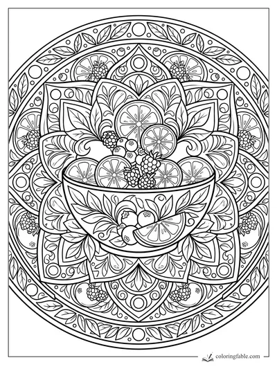 Intricate fruit bowl mandala with citrus slices, berries, leaves, petals, dots, and curling vines.