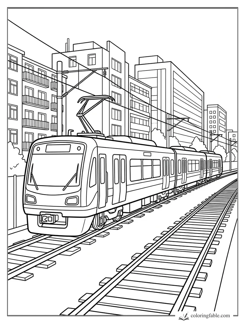 Modern electric train on city tracks with overhead wires, apartment balconies, and tall buildings