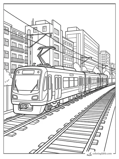 Modern electric train on city tracks with overhead wires, apartment balconies, and tall buildings