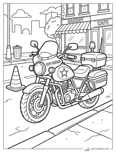 Cartoon police motorcycle marked City Patrol parked by a bakery, cafe, traffic cone, and city sidewalk.