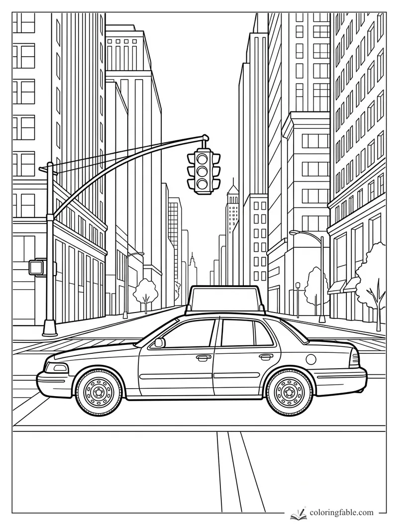 Coloring page of a sedan at a downtown crosswalk under a hanging traffic light and tall buildings