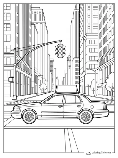 Coloring page of a sedan at a downtown crosswalk under a hanging traffic light and tall buildings