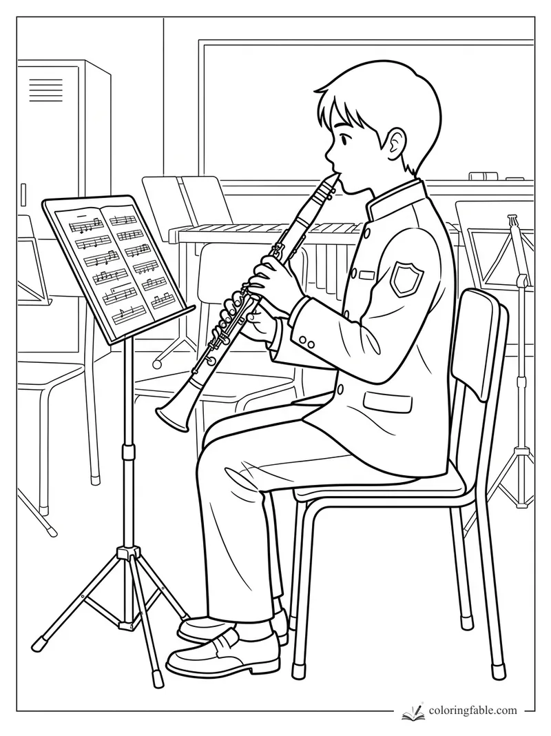 Boy in a band jacket plays clarinet from sheet music in a classroom with chairs, stands, and percussion.