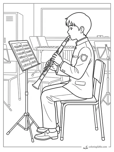 Boy in a band jacket plays clarinet from sheet music in a classroom with chairs, stands, and percussion.